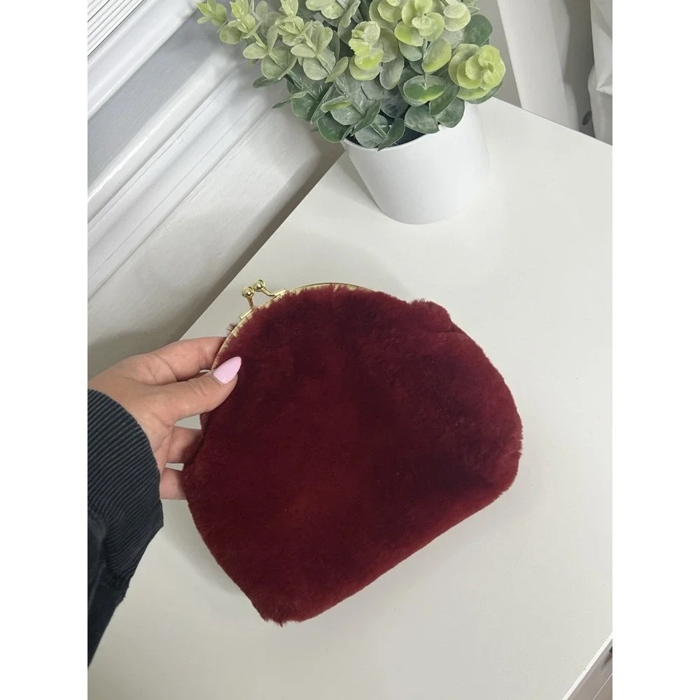 A New‎ Day Faux Fur Burgundy Clutch Crossbody Bag Purse Gold Toned Clasp Closure